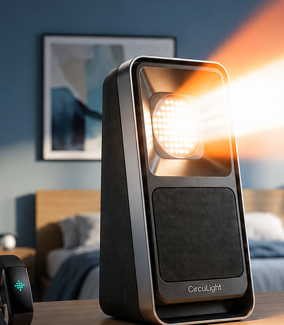 The CircuLight sunrise device emitting a warm amber beam.