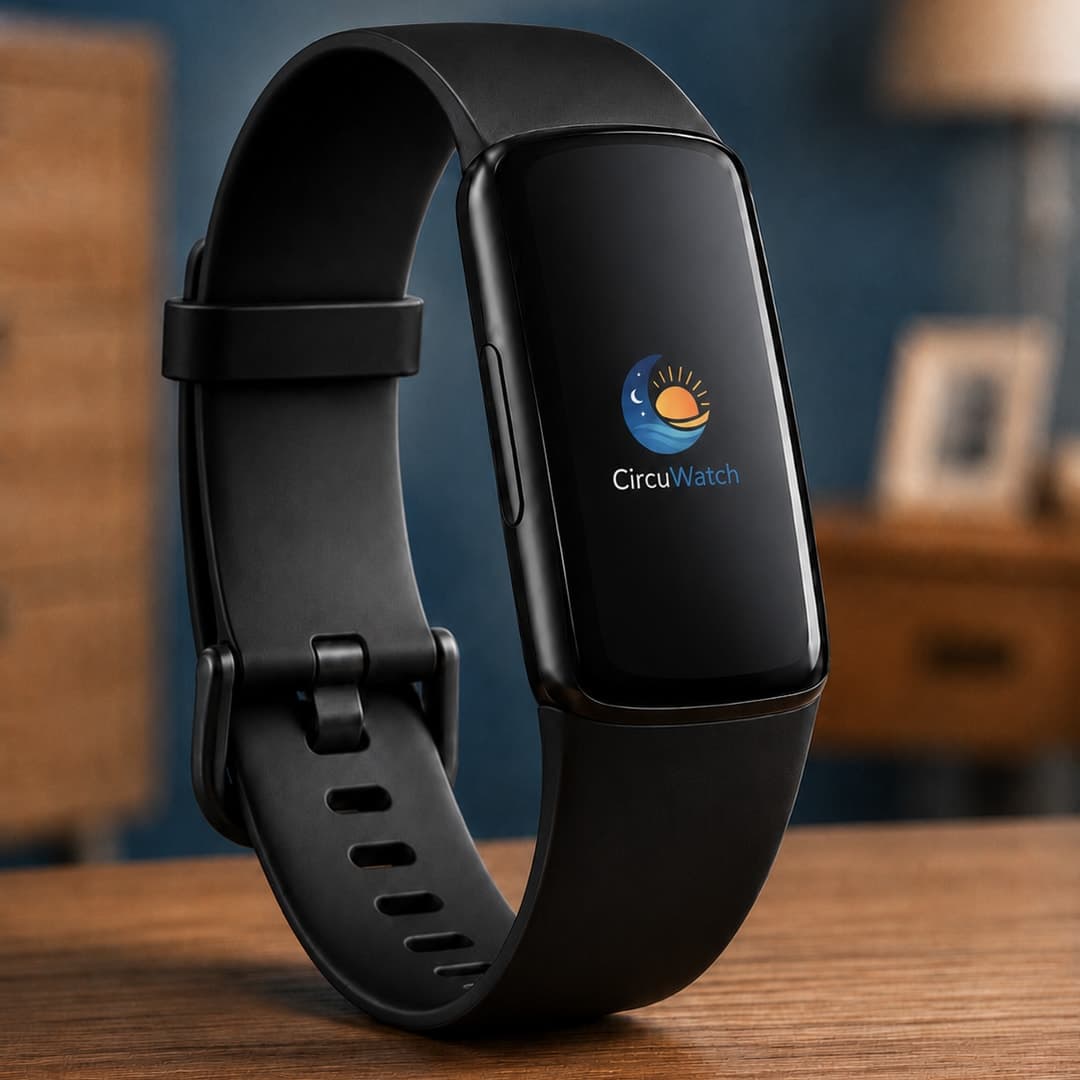 The CircuTracker health band standing upright with a teal display.